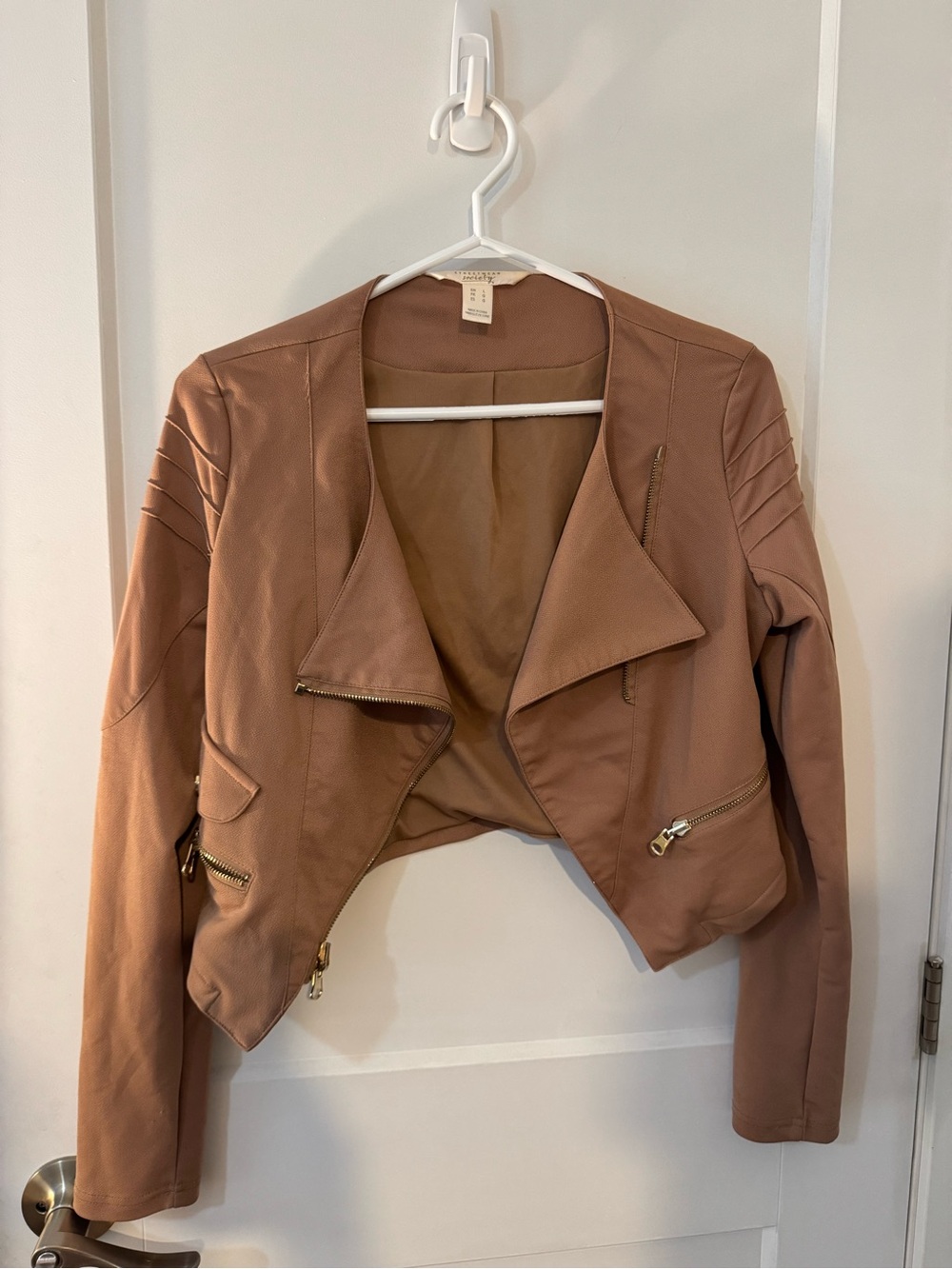 Streetwear Society Cropped Moto Jacket in Warm Taupe